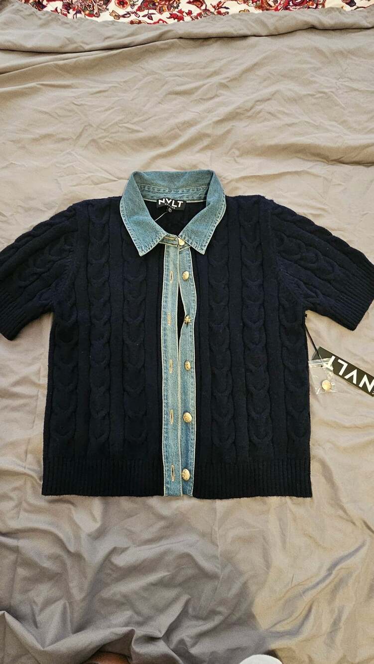 NVLT 2-in-1 Patchwork Denim Collar Cable Knit Short Sleeve Cardigan